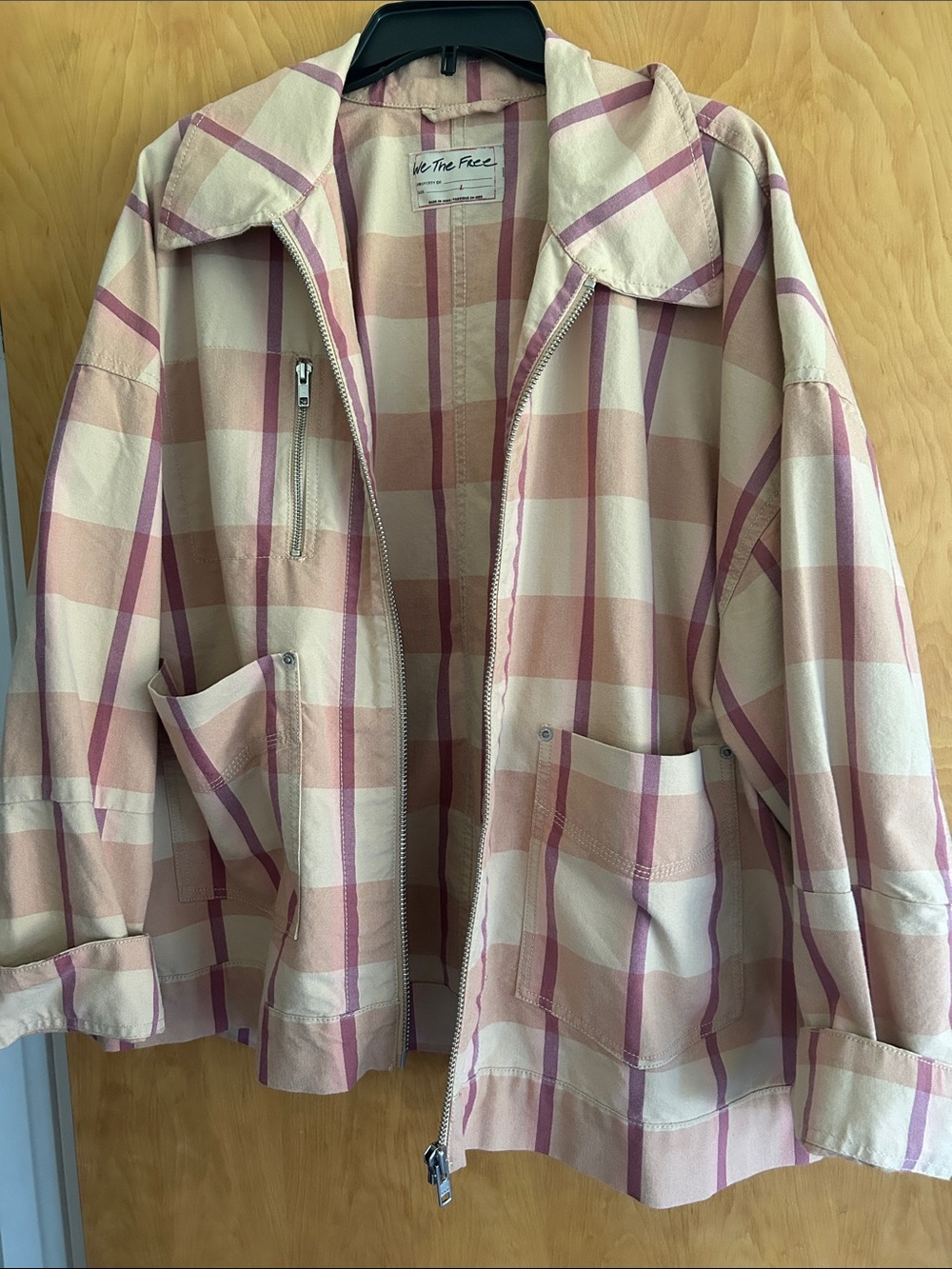 We The Free Cream and Pink Plaid Utility Zip Jacket - Picture 2 of 6